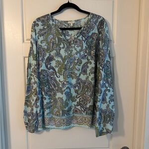 Talbots V-Neck Paisley Blouse - Blue and Green